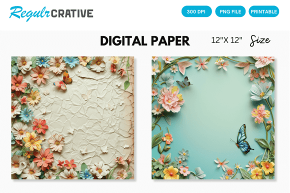 3D Butterfly and Flowers Digital Paper for Designers