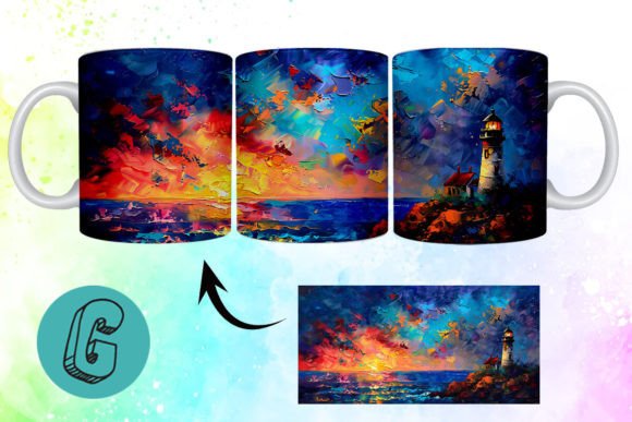 3D Oil Paint Lighthouse Mug Wrap 01: A Digital Asset for Creative Makers