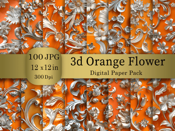 3d Orange Flower Digital Paper Bundle