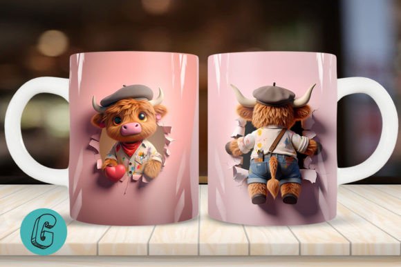 3D V-day Artist Highland Cow Mug Wrap 06