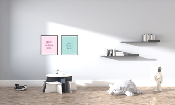 A 3D Modern Kids Bedroom Empty Frames